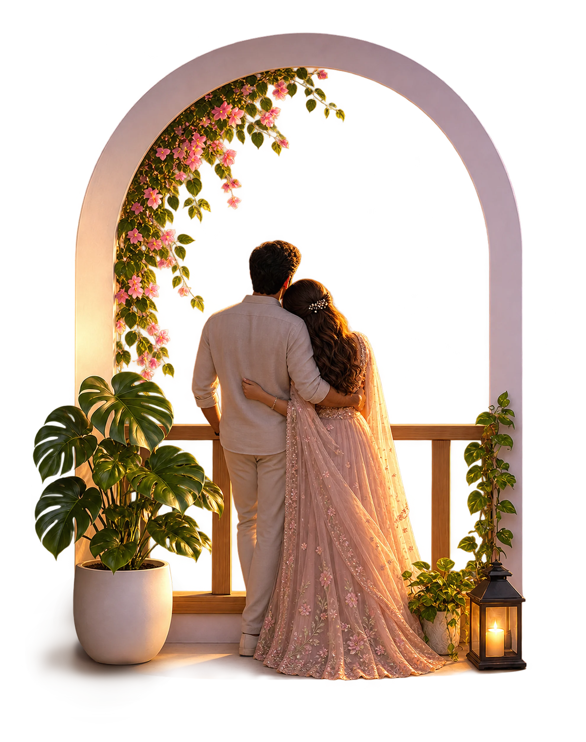 An arched balcony with potted plants and a lantern, opening onto a pastel sunset over the sea